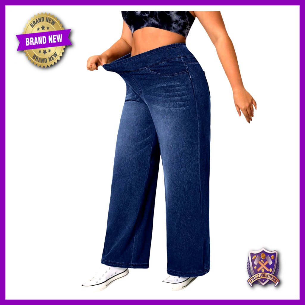 Plus Size Wide Leg Denim Pants High Elastic Waist Stretchy Trousers